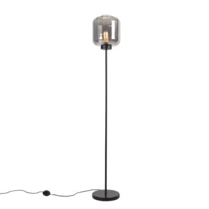 Designová stojací lampa černá s kouřovým sklem - Qara