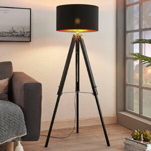 Trojnohá stojací lampa Triac, dřevěný stojan černá