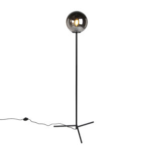 Stojací lampa ve stylu art deco černá s kouřovým sklem - Pallon