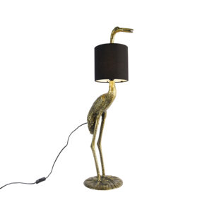 Vintage stojací lampa mosazná tkanina odstín černá - Crane bird To