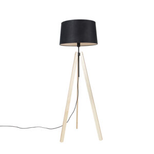 Stojací lampa dřevěný lněný odstín černý 45 cm stativ – Telu