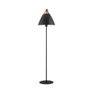 Stojací lampa Strap z kovu, kožený popruh, černá
