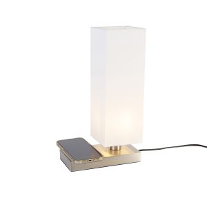 Ocelová stolní lampa s bílým stínidlem s dotykovou a indukční nabíječkou – Romina